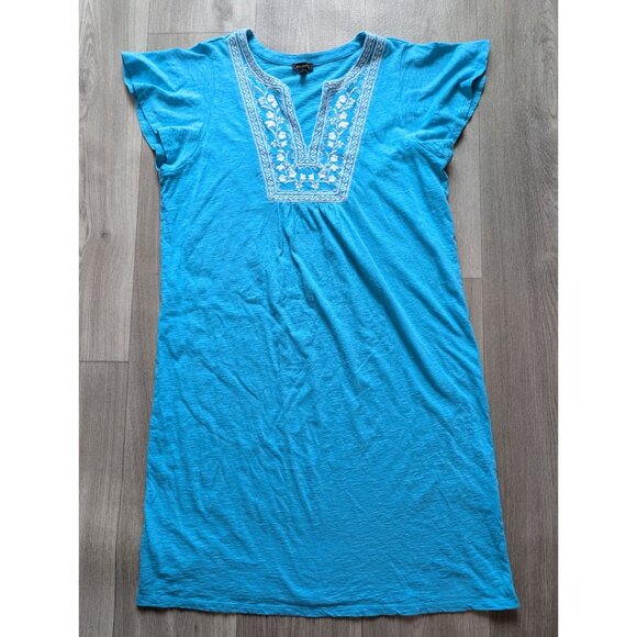 Talbots Blue Embroidered Cotton Tunic Dress L Short Sleeve Boho Style - Picture 4 of 7